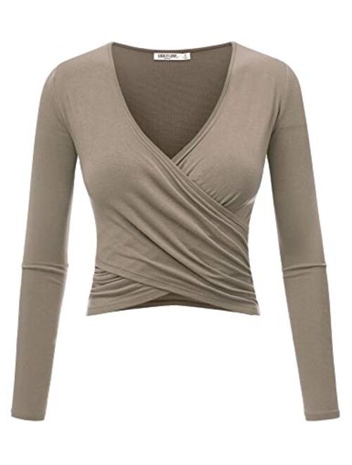 Lock and Love Women's Premium Short/Long Sleeve Deep V Neck Slim fit Cross Wrap Crop top Shirt-Made in USA