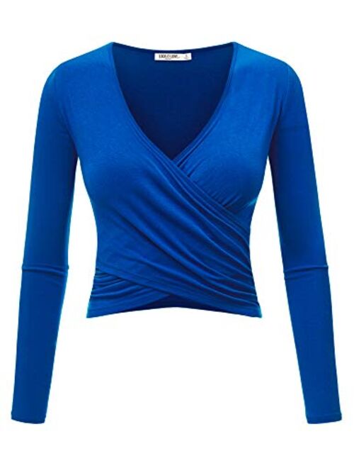 Lock and Love Women's Premium Short/Long Sleeve Deep V Neck Slim fit Cross Wrap Crop top Shirt-Made in USA