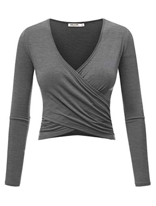 Lock and Love Women's Premium Short/Long Sleeve Deep V Neck Slim fit Cross Wrap Crop top Shirt-Made in USA