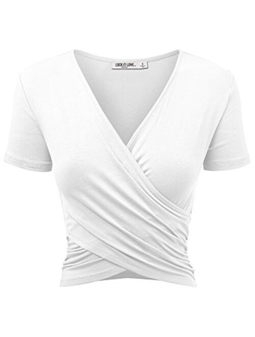 Lock and Love Women's Premium Short/Long Sleeve Deep V Neck Slim fit Cross Wrap Crop top Shirt-Made in USA