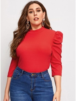 Plus Mock-Neck Leg-of-mutton Sleeve Top