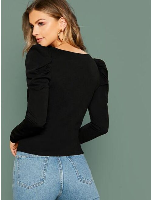 Buy Shein Notched Neck Leg-of-mutton Sleeve Top online | Topofstyle