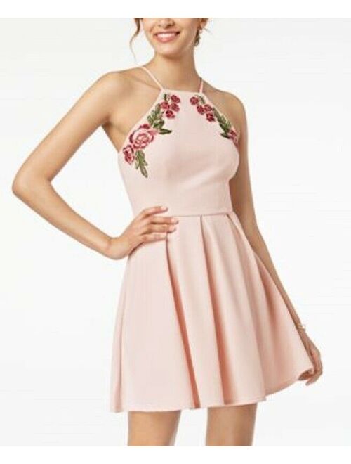 $280 B Darlin Womens Juniors Pink Halter Neck Floral Emboidered Dress Size 3/4