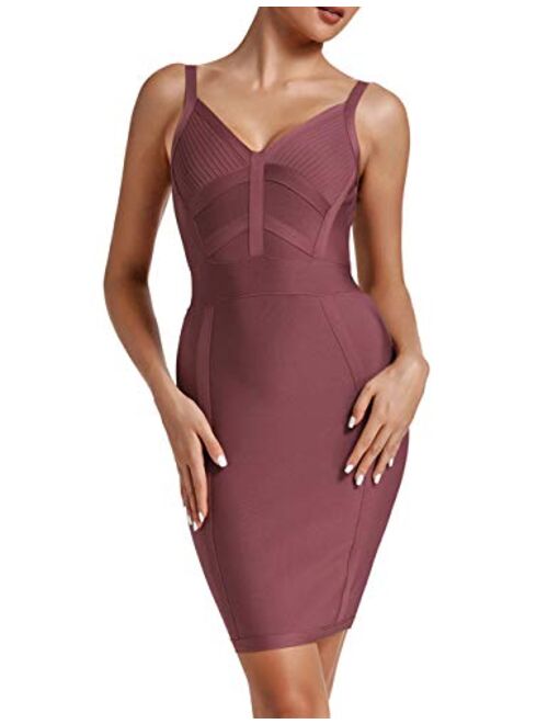 UONBOX Women's Sexy Halter V Neck Knee Length Party Rayon Bodycon Bandage Dress