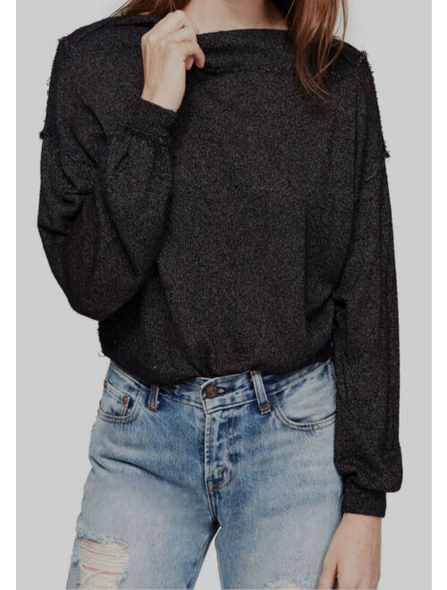 $180 Free People Women's Black Knit Boat-Neck Long-Sleeve Casual Top Size M