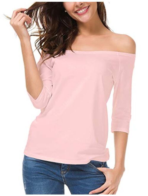 LUSMAY Womens Off Shoulder Top Half Sleeve Cotton Boat Neck Tee Shirt