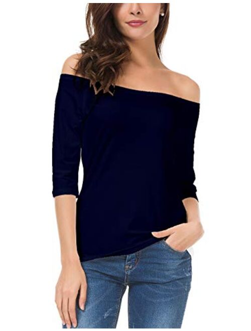 LUSMAY Womens Off Shoulder Top Half Sleeve Cotton Boat Neck Tee Shirt