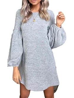 Leezeshaw Women Solid Boat Neck Long Sleeves Casual Mini Dress Loose Plain Knit Blouse