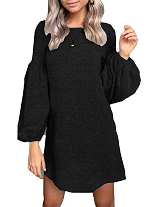 Leezeshaw Women Solid Boat Neck Long Sleeves Casual Mini Dress Loose Plain Knit Blouse