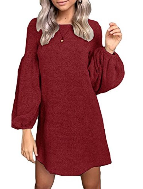 Leezeshaw Women Solid Boat Neck Long Sleeves Casual Mini Dress Loose Plain Knit Blouse