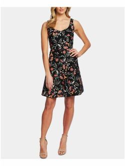 CECE $129 Womens New Black Floral Scoop Neck Fit + Flare Dress M B+B