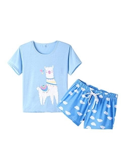 YIJIU Women Short Sleeve Tee and Shorts Pajama Set Cute Alpaca Print Sleepwear