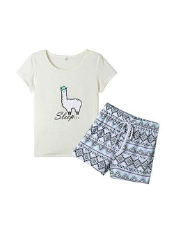 YIJIU Women Short Sleeve Tee and Shorts Pajama Set Cute Alpaca Print Sleepwear