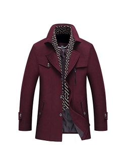 Men's Winter Coat Wool Blend Pea Coat Single Breagsted Slim Fit with Scarf Thicken Liner