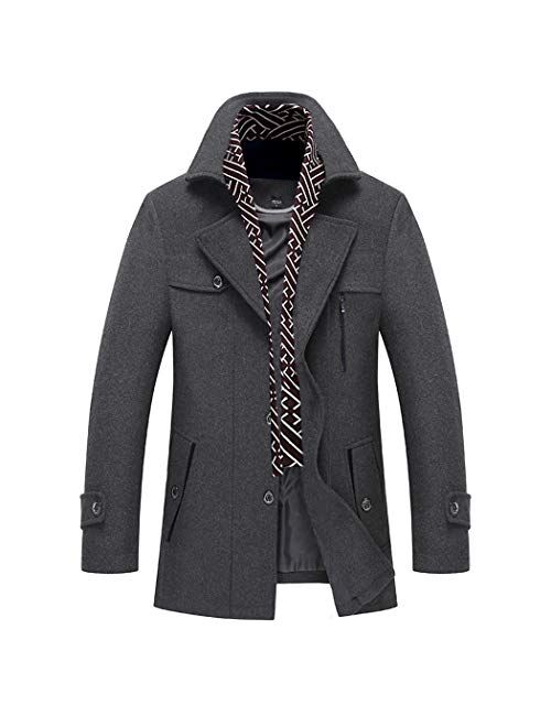 Men's Winter Coat Wool Blend Pea Coat Single Breagsted Slim Fit with Scarf Thicken Liner