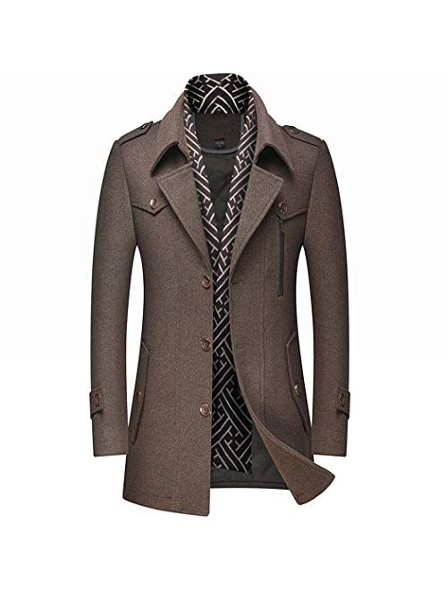 Men's Winter Coat Wool Blend Pea Coat Single Breagsted Slim Fit with Scarf Thicken Liner