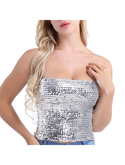 YiZYiF Women's Strapless Shiny Sequin Party Stretch Clubwear Tube Top