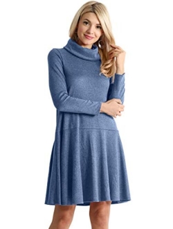 Simlu Womens Long Sleeve Winter Cowl Neck Sweater Dress Reg and Plus Size- Made in USA