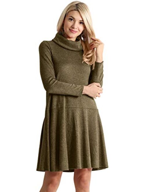 Simlu Womens Long Sleeve Winter Cowl Neck Sweater Dress Reg and Plus Size- Made in USA