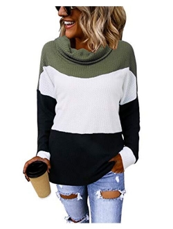 LANISEN Womens Cowl Neck Knit Sweater Casual Long Sleeve Waffle Knit Color Block Loose Knitted Pullover Jumper Tunic Tops