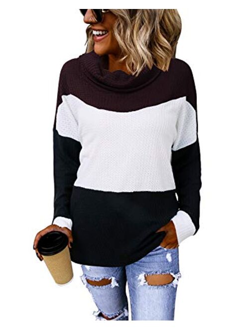 LANISEN Womens Cowl Neck Knit Sweater Casual Long Sleeve Waffle Knit Color Block Loose Knitted Pullover Jumper Tunic Tops