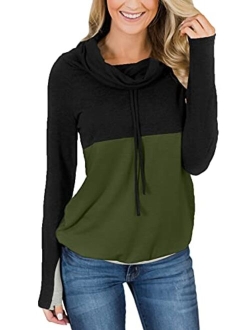 For G and PL Women Cowl Neck Sweatshirts Long Sleeve Color Block Pullover Tops with Drawstring