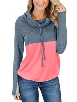 For G and PL Women Cowl Neck Sweatshirts Long Sleeve Color Block Pullover Tops with Drawstring