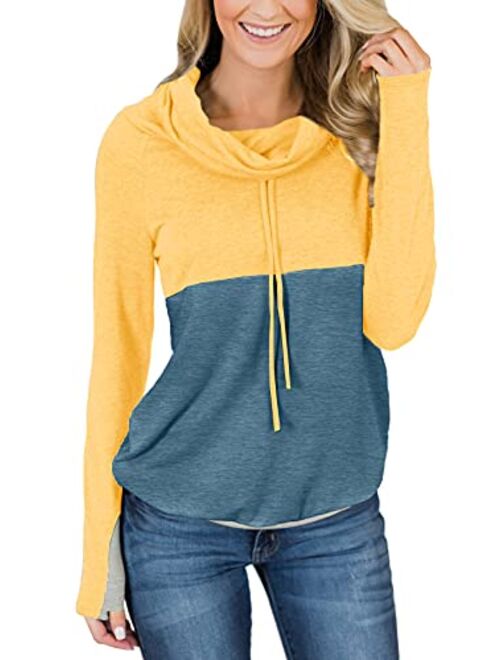 For G and PL Women Cowl Neck Sweatshirts Long Sleeve Color Block Pullover Tops with Drawstring