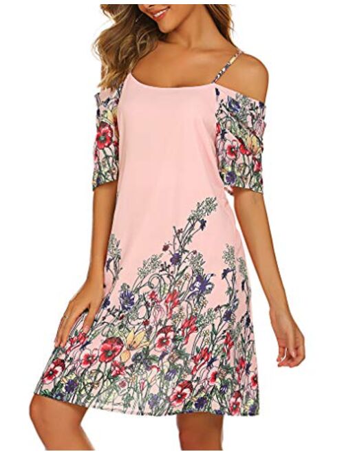 Naggoo Women's Summer Chiffon Floral Printed Cold Shoulder Loose Short Dress