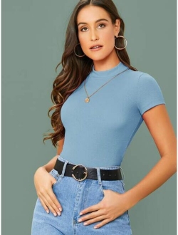 Mock-Neck Rib-knit Fitted Top