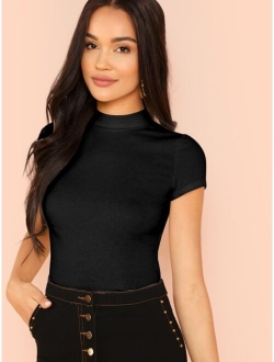 Mock-Neck Rib-knit Fitted Top