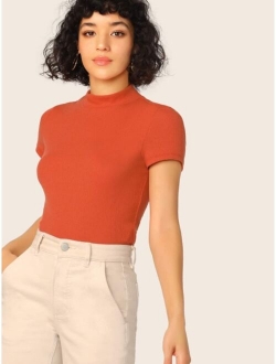 Mock-Neck Rib-knit Fitted Top