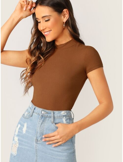 Shein Mock-Neck Rib-knit Fitted Top