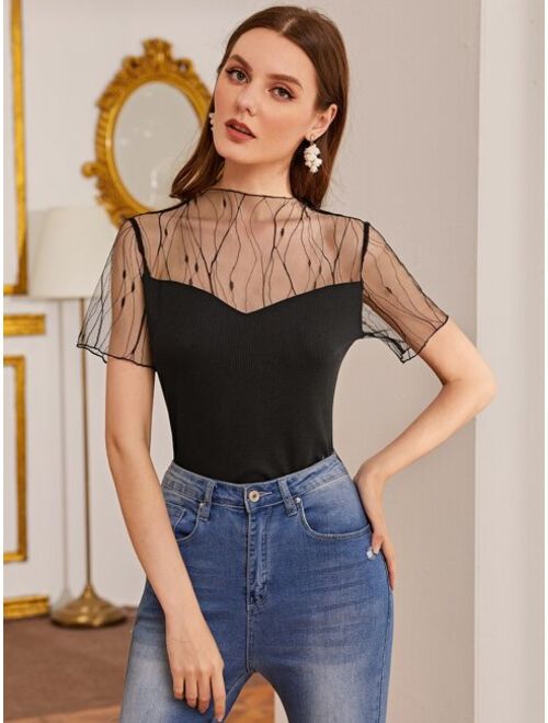 Shein Mesh Yoke Rib-knit Top