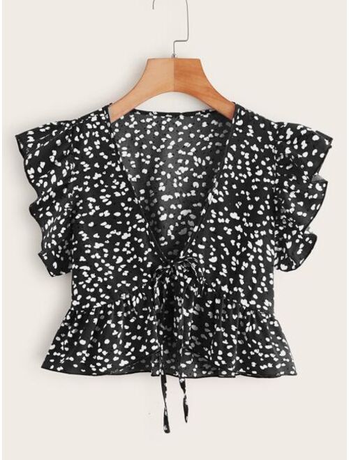 Shein Ditsy Floral Tie Front Ruffle Hem Top