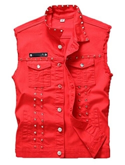 LifeHe Men's Sleeveless Lapel Denim Jean Vests Jacket with Rivets