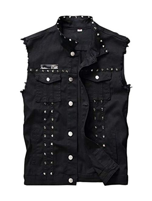 LifeHe Men's Sleeveless Lapel Denim Jean Vests Jacket with Rivets