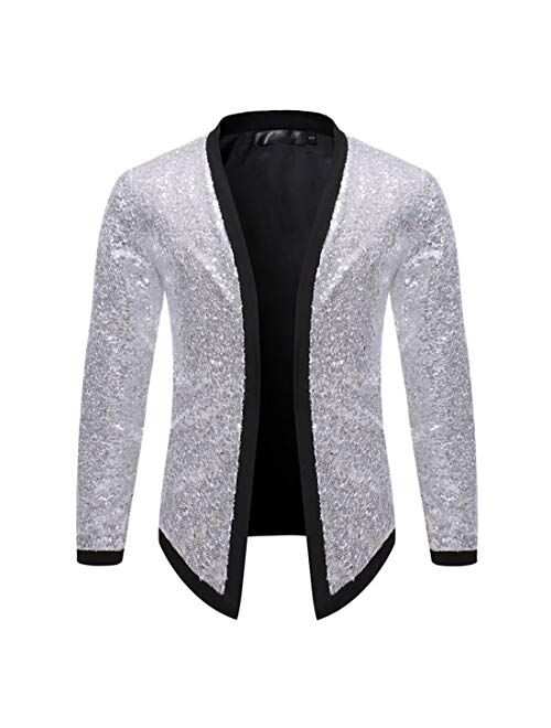 Omoone Men's Zip Up Mermaid Sequin Lightweight Shiny Clubwear Bomber Jacket