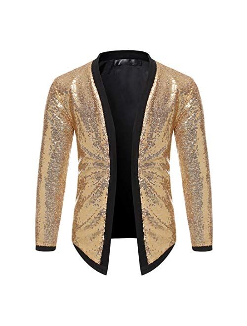 Omoone Men's Zip Up Mermaid Sequin Lightweight Shiny Clubwear Bomber Jacket