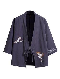 Men's Cotton Blends Linen Open Front Cardigan Embroidery Kimono Jackets