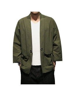 Men's Cotton Blends Linen Open Front Cardigan Embroidery Kimono Jackets