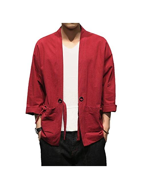 Men's Cotton Blends Linen Open Front Cardigan Embroidery Kimono Jackets