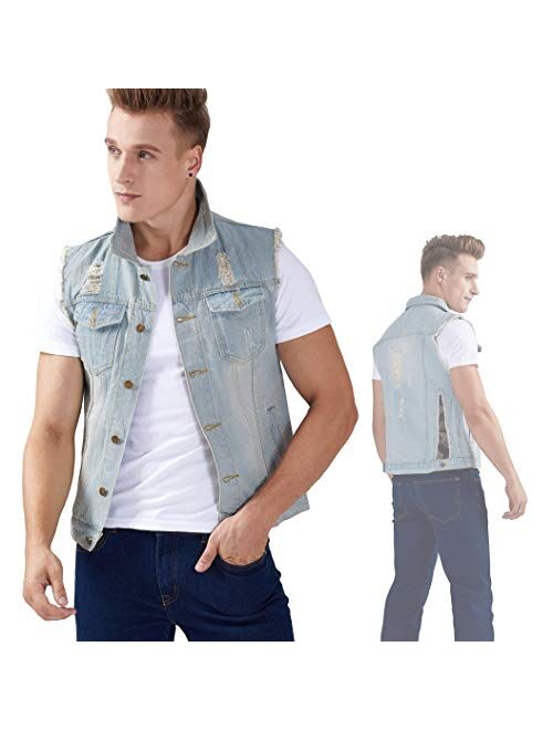 DOHAOOE Mens Camo Ripped Denim Vest Retro Stitching Outdoor Sleeveless Jacket