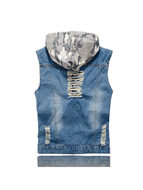 DOHAOOE Mens Camo Ripped Denim Vest Retro Stitching Outdoor Sleeveless Jacket