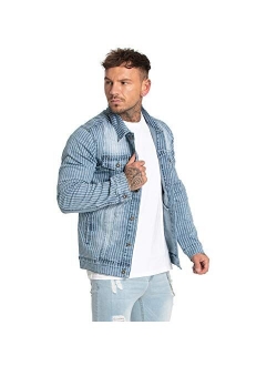 Men's Distressed Denim Trucker Jackets Slim Fit with Patches