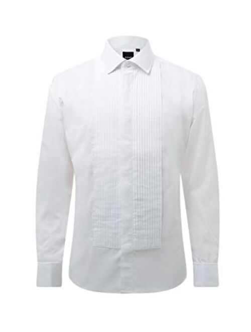 Dobell Mens White Tuxedo Shirt Regular Fit Laydown Collar Double Cuff Pleated Fly Front