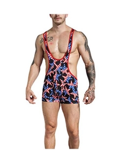 Panegy Men's USA National Flag Mankini Lingerie Boxer Briefs Wrestling Singlet Bodysuit Jumpsuits Leotard