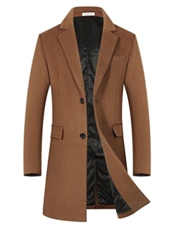 Men's Winter Wool Coats Blend Trench Long Stylish Notched Collar Jacket Single Breasted Cotton Lining Slim Fit Pea Coat