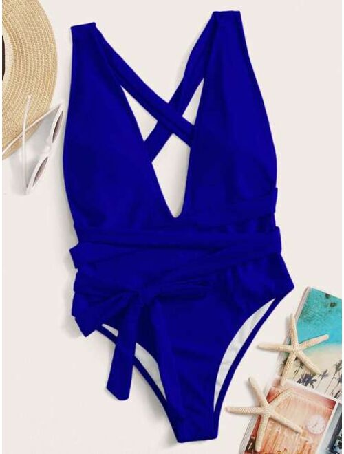 Shein Crisscross Knot Front One Piece Swimsuit