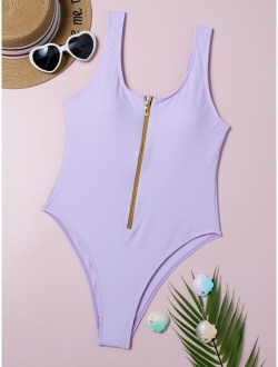 Zip Front One Piece Tank Swimsuit